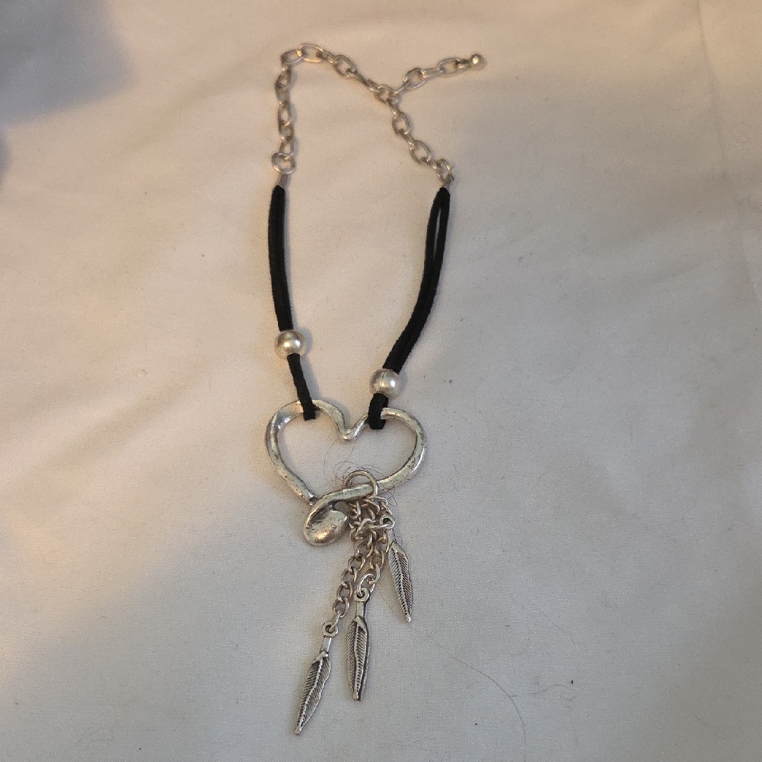 Silver Heart Pendant Necklace With Black Cord